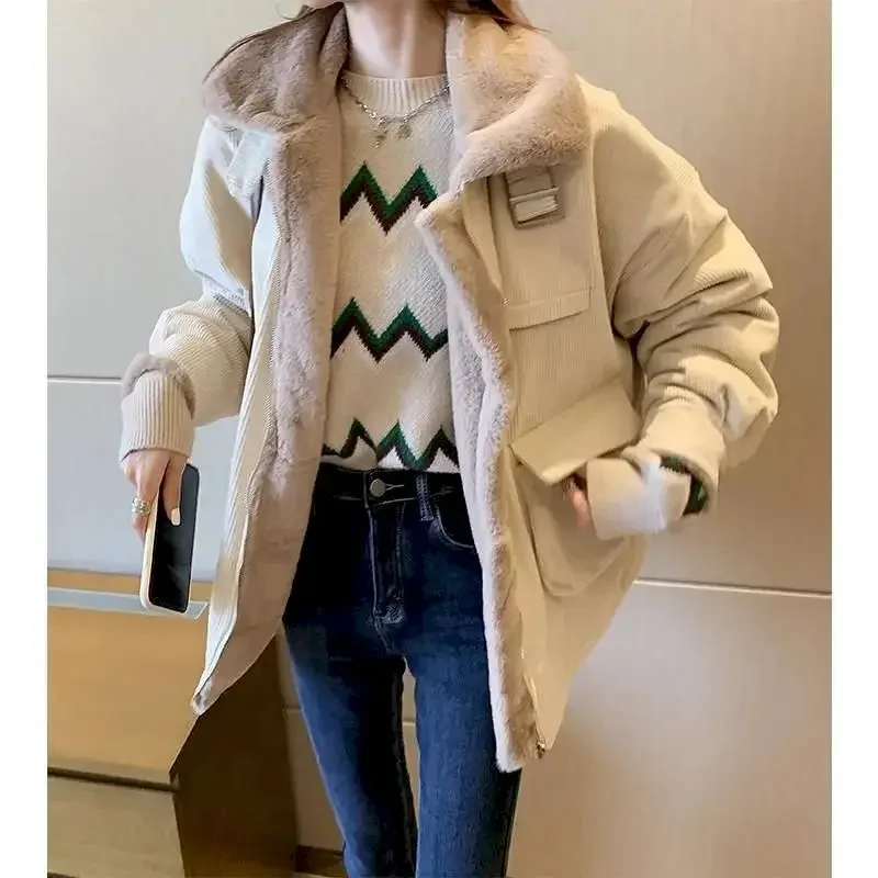 2024 New Winter Coat Women Korean Loose Wild Zipper Corduroy Lamb Wool Jacket Thicken Warm Tooling Cotton Jackets Womens Parkas