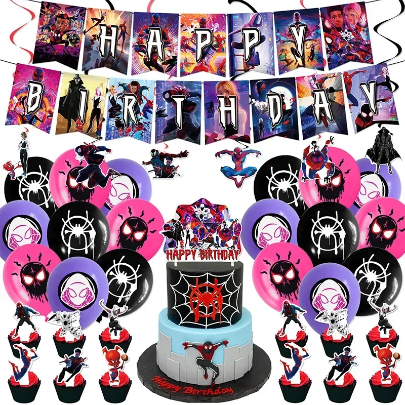 Spidermans Across The Spider-verse Birthday Supplies Decoration Baby Shower Decor Banner Cake Toppers Miles Morales Balloon Set