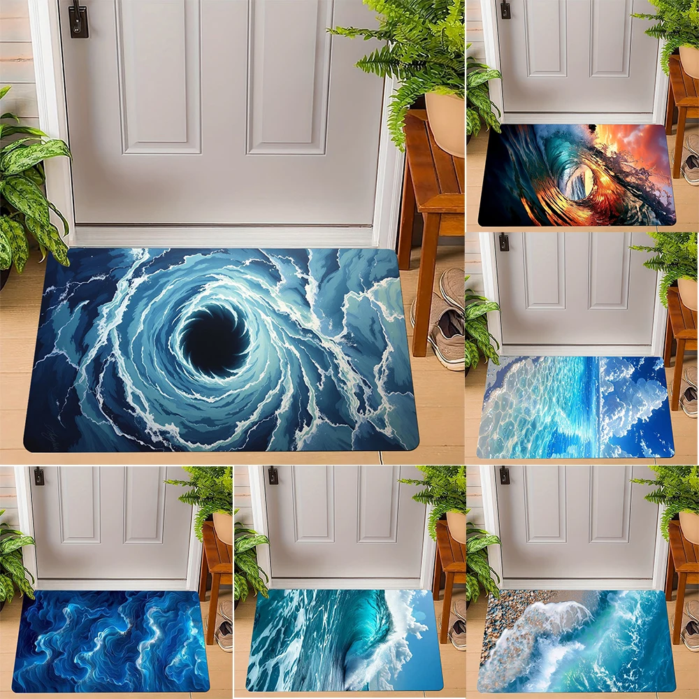 Fußmatte mit Ozean-Thema und realistischer Meereswelle, Whirlpool, Strand, Kieselstein, fließendes Wasser, 3D-Kunstdesigns, rutschfester Teppich für Heimdekoration