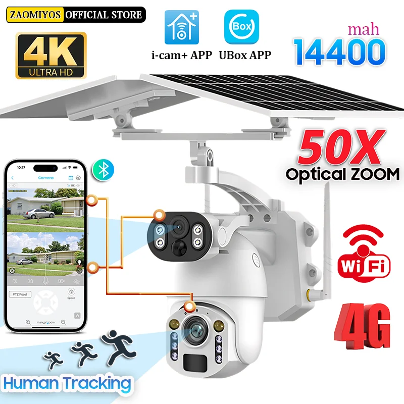 4G SIM/WiFi 4K 50X Optical Zoom Outdoor Solar Cameras Dual Screen Home Surveillance Auto Tracking Security Night Vision PTZ Cam