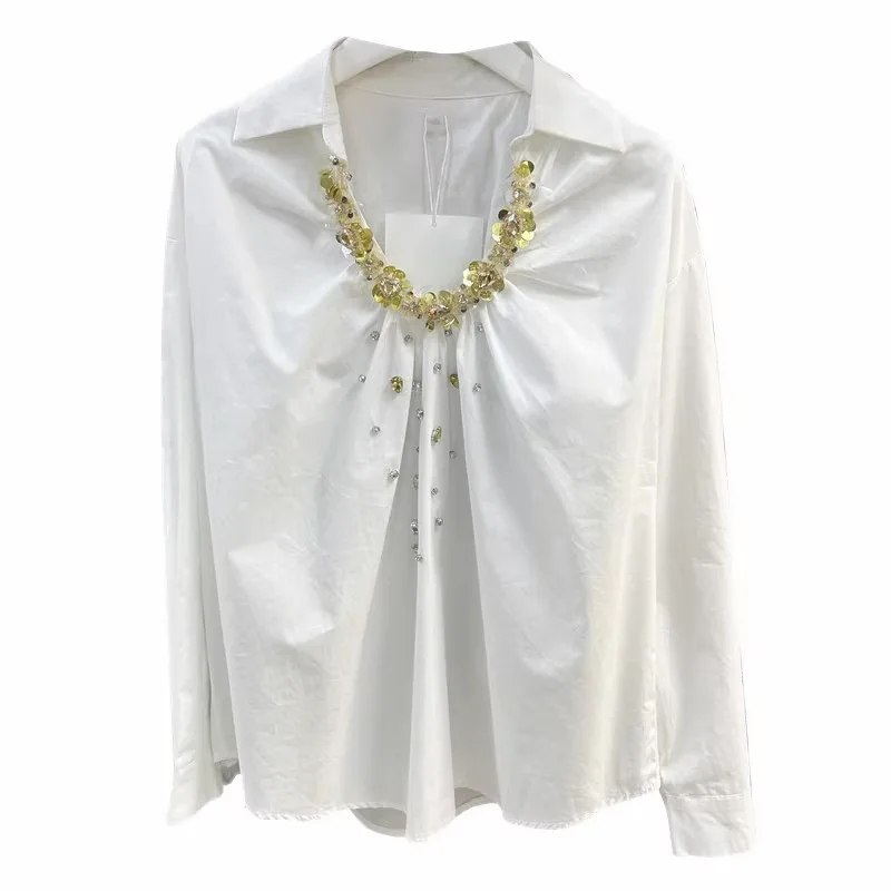 

Французская светская львица 2024, осенний новый нишевый стиль, золотой блесток, воротник из бисера, тяжелый свободный пуловер, рубашка, блузка