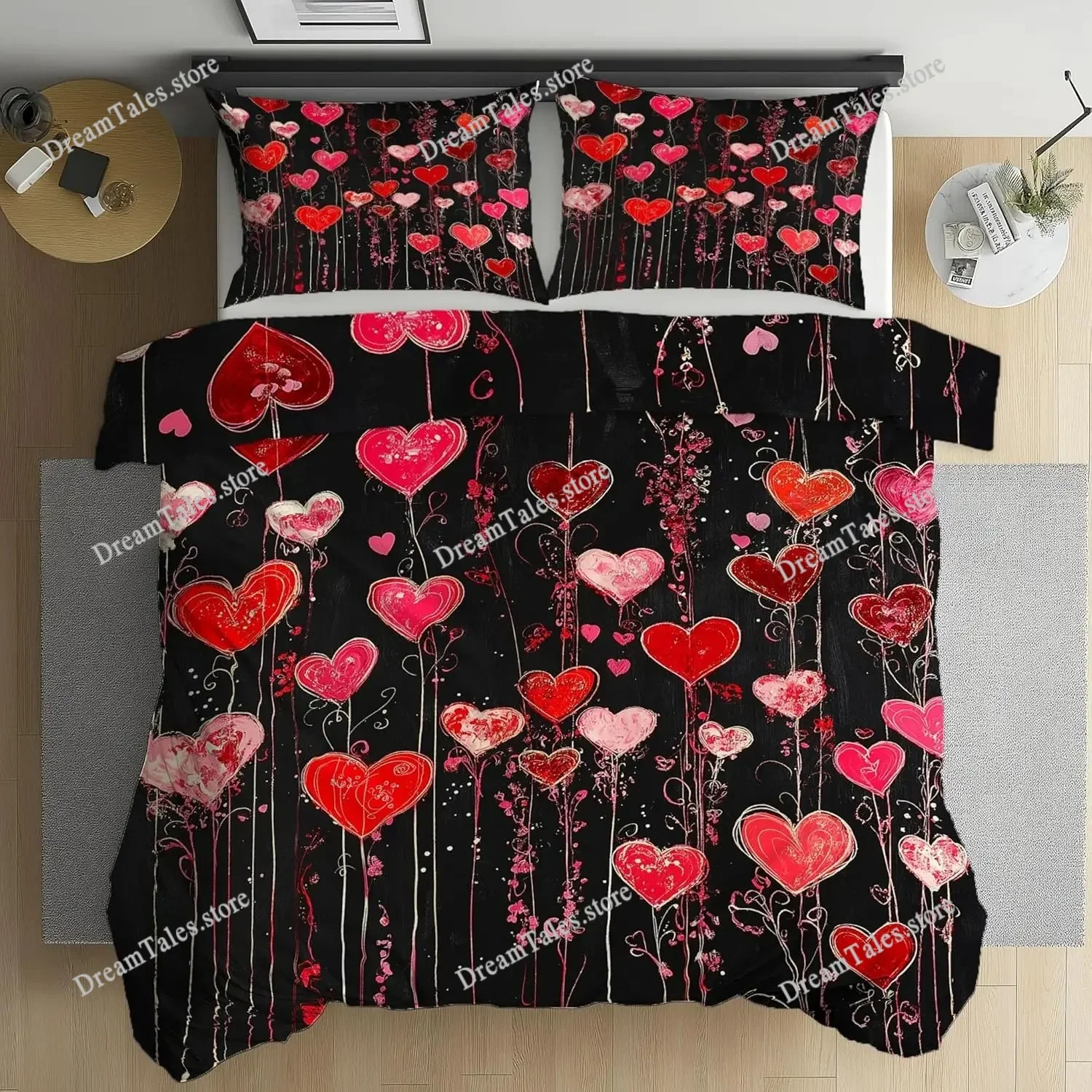 

Red Heart Bedding Set with Pillowcover,Romantic Couple Duvet Cover 3D Print,Valentine's Day Decorative Comforter Cover369