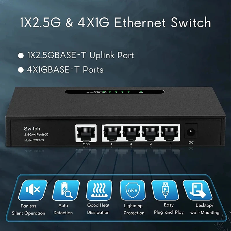 Ienron 5 Ports Ethernet Switch 2.5G Base-T Uplink Port 1000Mbps RJ45 Ports Gigabit Switch 5V Network Splitter for Wifi Router