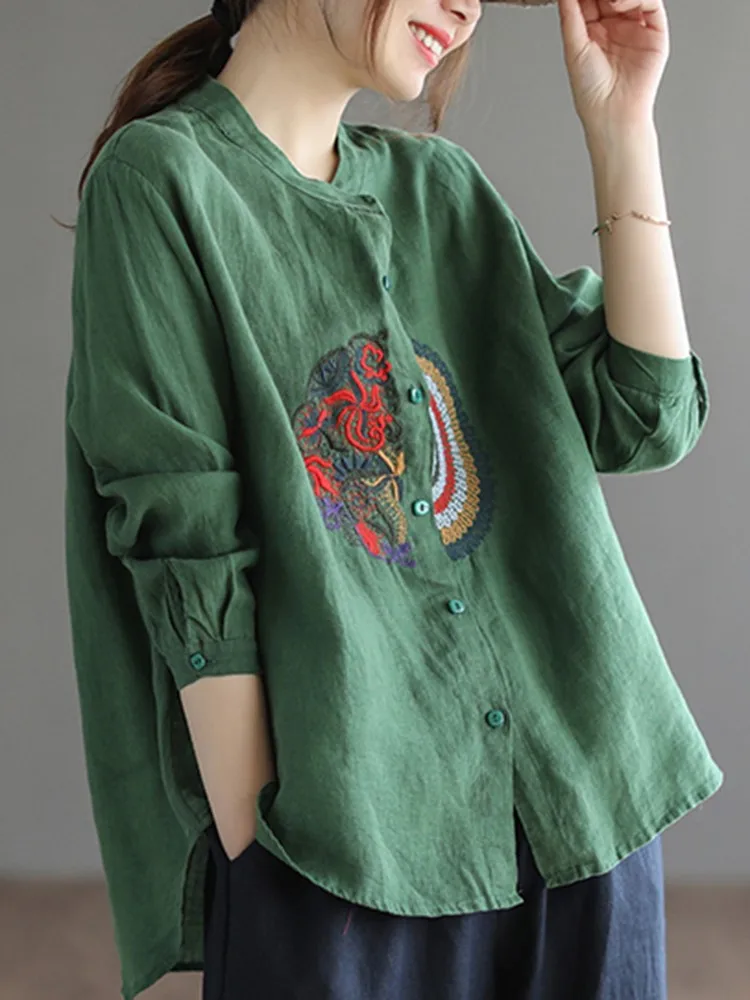 Women Casual Shirts New Arrival 2023 Spring Vintage Style Stand Collar Embroidery All-match Loose Female Long Sleeve Tops B2263