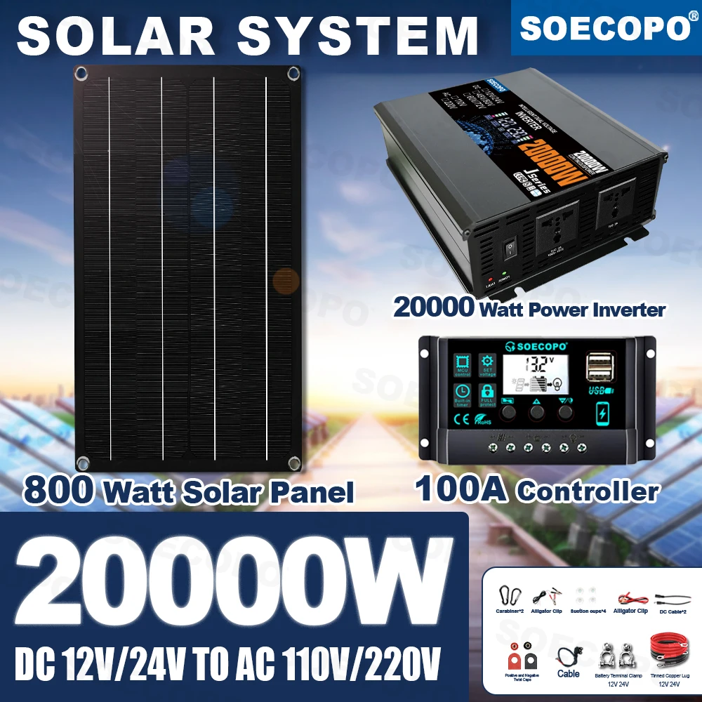 

SOECOPO 20000W Peak Solar System Kit 800W Panel 100A Controller 110V 220V Inverter for home Sailboat Street Stall Emergency use