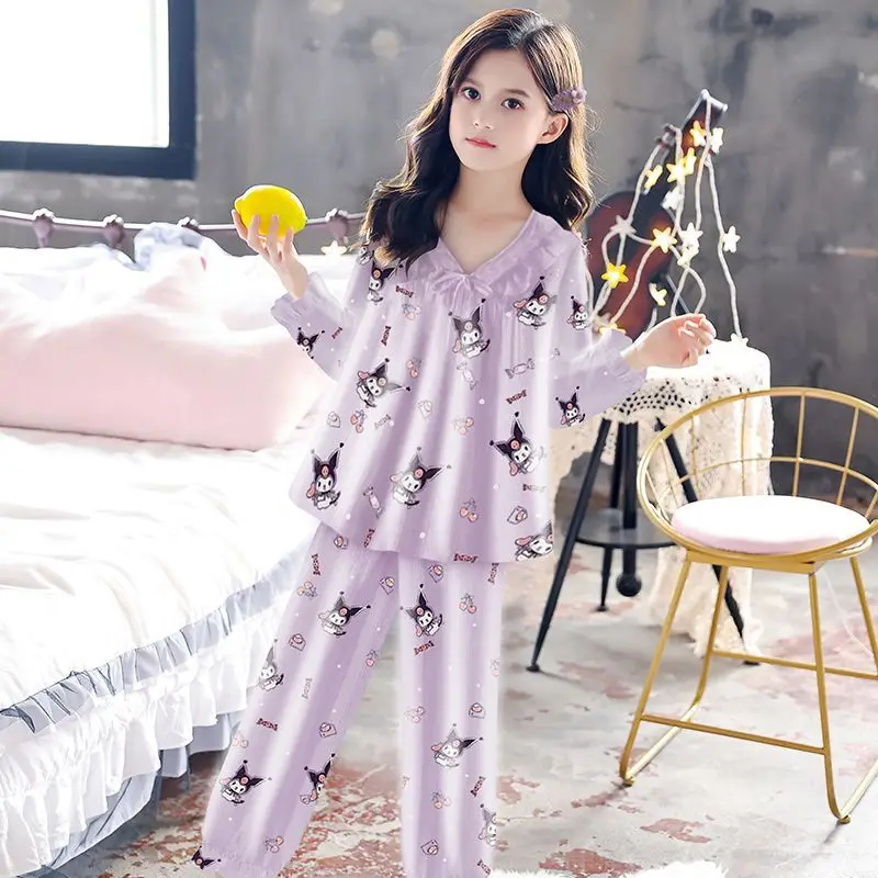 سانريو بنات كم طويل 2 قطعة Kuromi بنات نمط جديد بنطلون سينامورول الأطفال القطن منامة الطازجة الكرتون ارتداء في الهواء الطلق