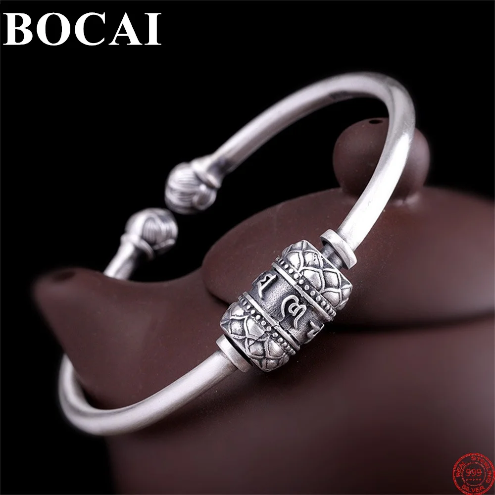 

BOCAI S999 Sterling Silver Charm Bracelets Six Syllable Mantra Rotatable Bangle Pure Argentum Hand Ornaments Jewelry for Women