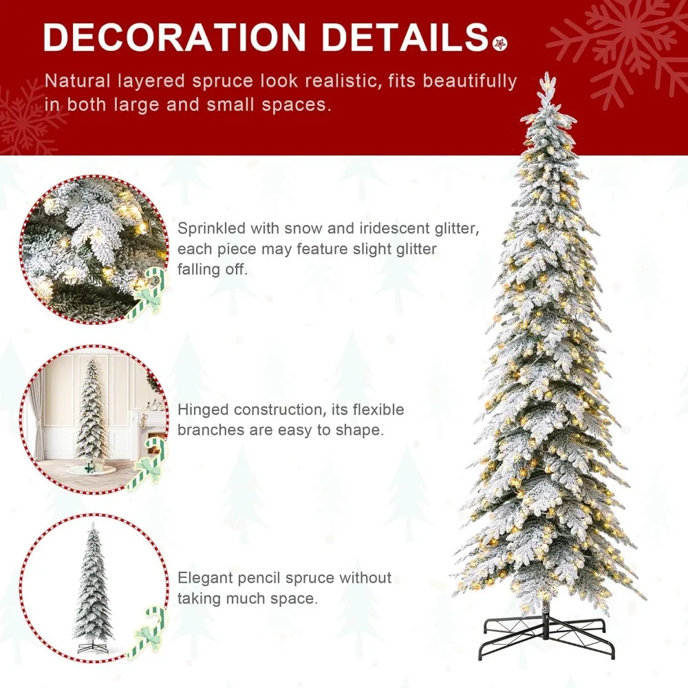 11ft Pre-Lit Flocked Pencil Spruce Artificial Christmas Tree with 700 Warm White Lights and Sturdy Metal Stand for Home