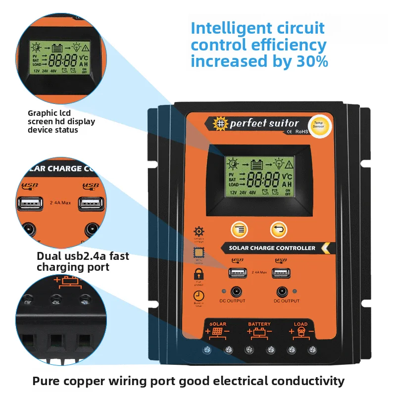 30A PWM Solar Charge Controller 12V 24V Solar Panel Battery Regulator for Street Light Lead Acid Charger