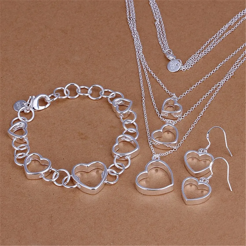 925 Sterling Silver Chain Fashion Engagement Party Three piece Jewelry Set Flat Hollow Necklace Women's Bracelet Love Earrings