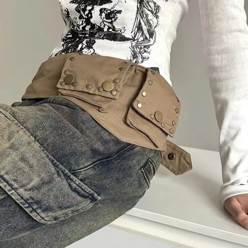 

Поясная сумка-бананка из хлопка в стиле гранж с металлическими элементами, винтажный пояс с карманами, коричневый ремень в стиле панк для уличной моды