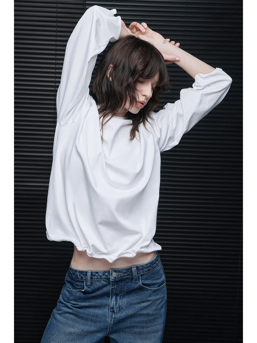 

Белый хлопковый вязаный длинный свитер-футболка женский свободного кроя с круглым вырезом, повседневный, уличный стиль, осенняя новинка