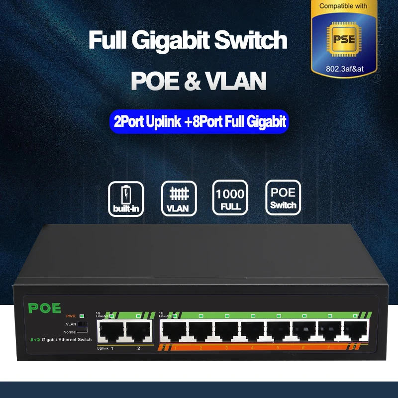 10 port Power Over Ethernet Switch Vlan PoE Switch Gigabit Fast RJ45 hub Smart Network Switch Ethernet 120W Extend 100 1000 mbps