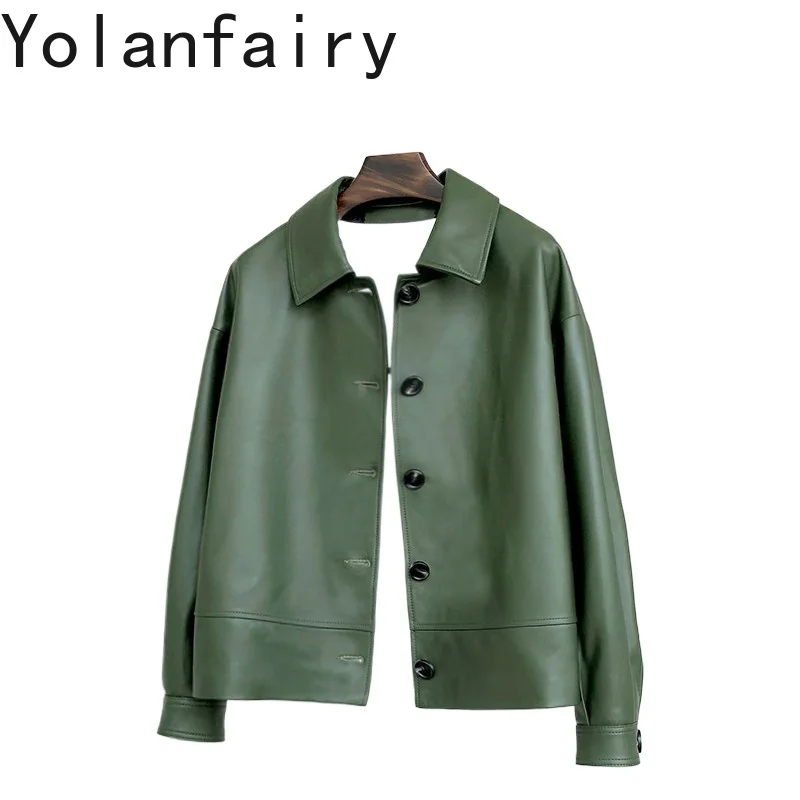 

YOLANFAIRY Luxury 100% Real Sheepskin Genuine Leather Jacket Women Shirt Collar 2026 Short Green Leather Coat Elegant Jackets