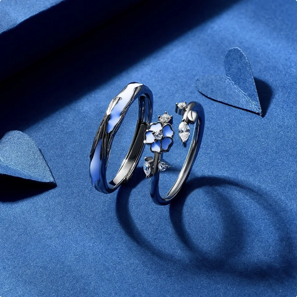 925 Silver Camellia Night Light Couple Ring with Adjustable Size for Men and Women Valentine's Day Romantic Jewelry Gift