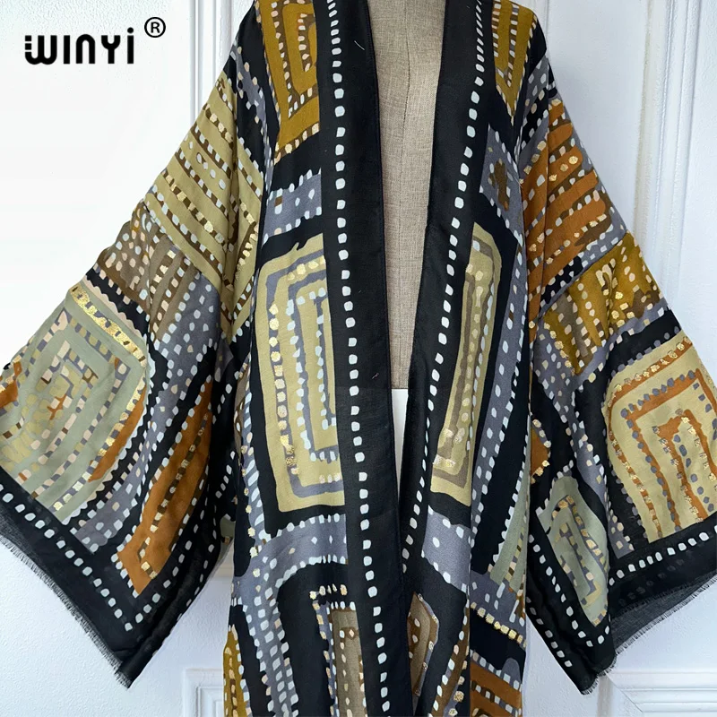 WINYI summer outfit kimono africa geometry print beach cover up maxi dress cardigans beach wear women 2025 abaya dubai luxury