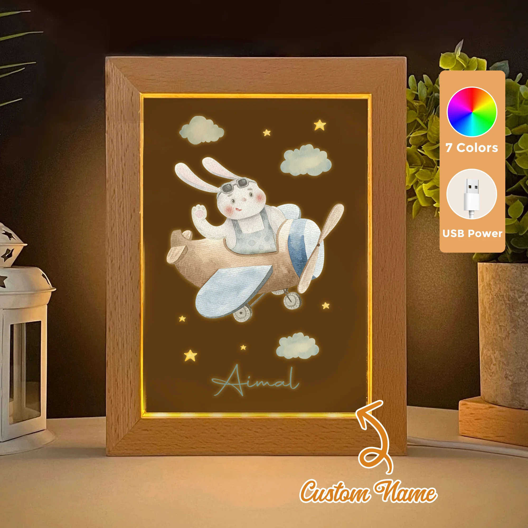 

2D Flat Custom Name Spaceship Rabbit LED Acrylic Night Light Wood Photo Frame 21x17cm Cartoon Children Bedroom Gifts Home Decor