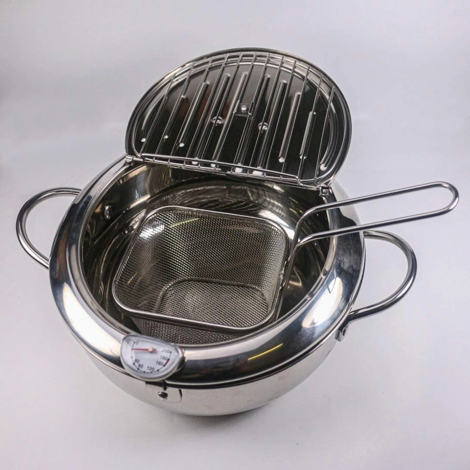 Mini Deep Fry Pan with Basket & Draining Rack, Stainless Steel Fryer with Thermometer for Chicken, Fries, Fish, Onion Rings