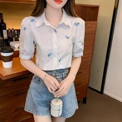 2024 Summer New Preppy Style Fashion Polo Neck Short Sleeve Chiffon Blouses Tops Printed Single-breasted Loose All-match Shirts