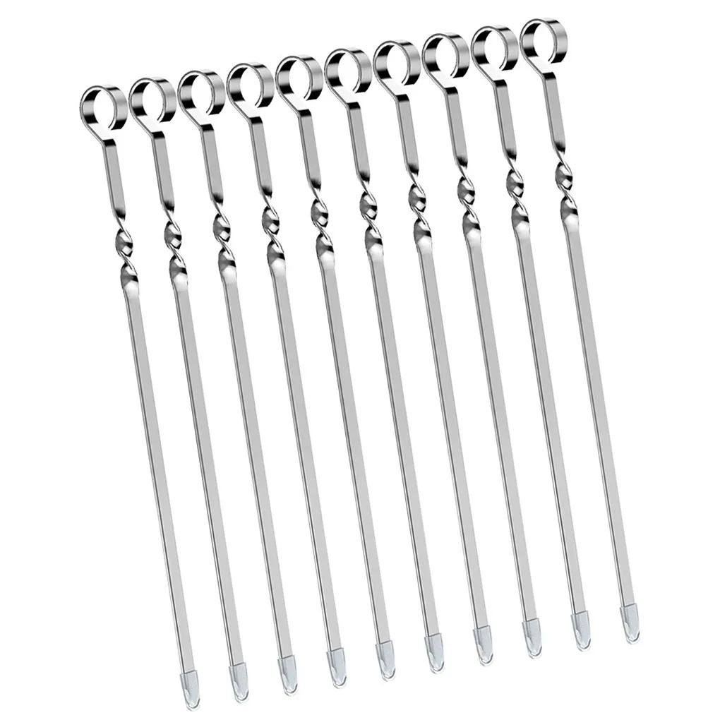 10pcs BBQ Skewers Stainless Steel Barbecue Sticks Flat Cooking Grill Skewers for Home Camping