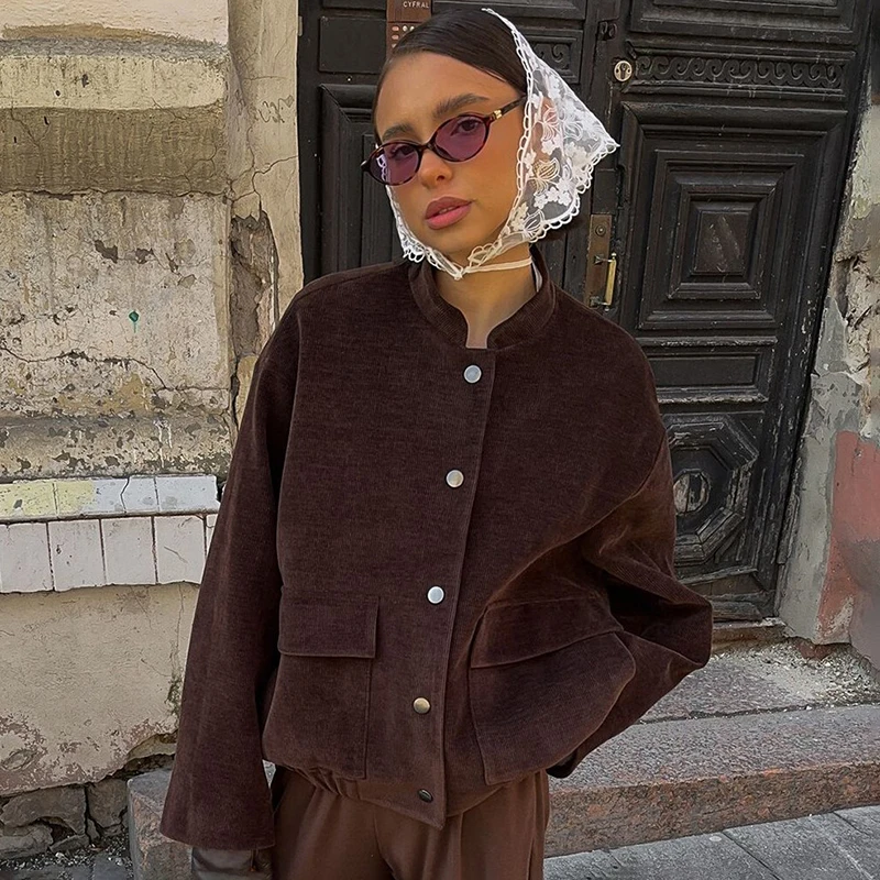 2025 Autumn Fashion Coffee Long Sleeve Jacket Coat Women's Stand Collar Loose Coat Buttons Corduroy Jacket Female New
