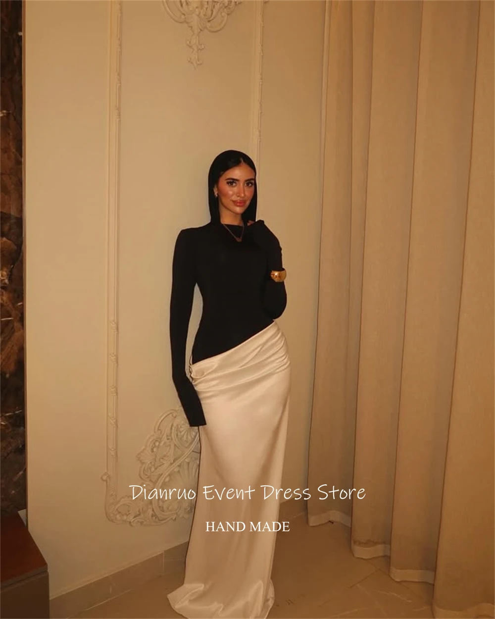 Dianruo Moslim Bescheiden Avondjurken Satijn Asymmetrische Ruches Prom Jassen Lange Mouwen Jurk Voor Bruiloft Gast Elegant Aangepast