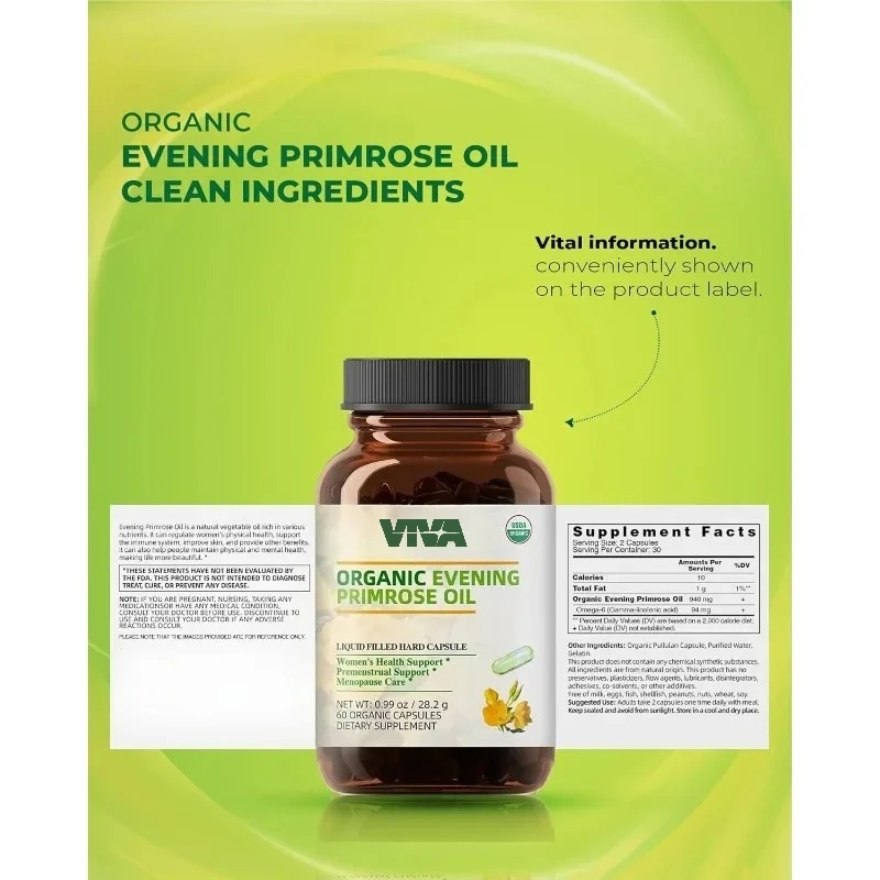 Evening primrose oil supplement, 940mg 100% pure, containing 10% GLA, promoting female skin health, cold pressed, 60 capsules