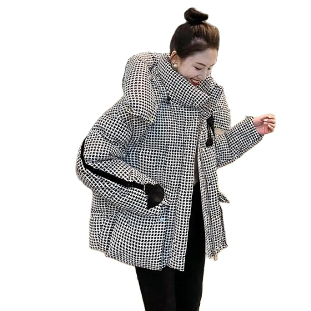 Houndstooth Hooded Puffer Jacket Women Winter Windproof Thickened White Duck Down Jacket Vintage Warm Parka Down Coat Jackets