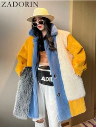 ZADORIN 2024 Winter Faux Fur Jackets for Women Furry Warm Splicing Contrast Color Blue Faux Fur Coat Long Jacket Cardigan Women