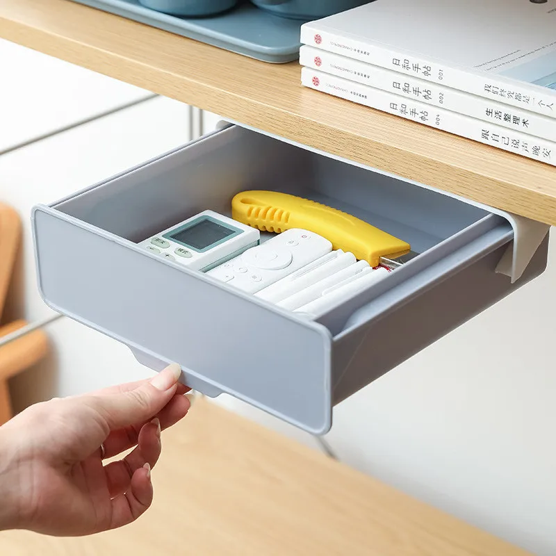 Hidden Hanging Storage Box Kitchen Drawer Knife Fork Spoon Tray Self Adhesive Under Desk Drawer Office Stationery Tool Organizer