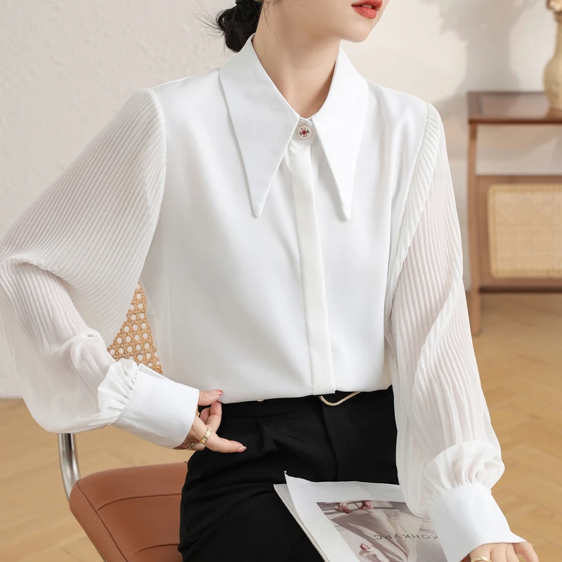 Autumn Korean Chiffon Women's Blouse 2023 New Long Lantern Sleeve Single Breasted Workwear Casual Office Shirts White Top Female