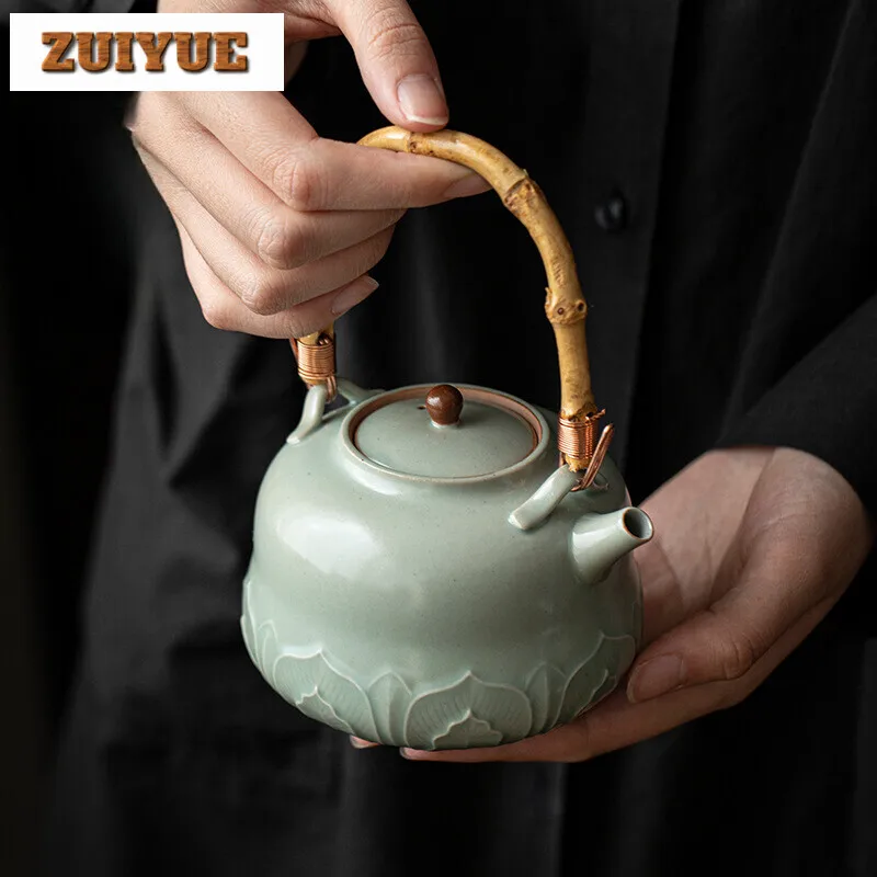 

350ml Handmade Vine Weaving Plum Teapot Japanese Blossom Green Relief Pot Tea Making Kettle Drinkware Accessories Decoration