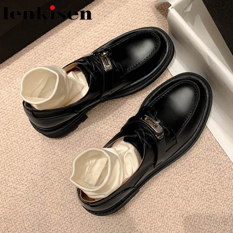 Lenkisen Internet Star Full Grain Leather Round Toe Fashion Mary Janes Metal Decorations Lace-up Cool Maiden Brand Women Pumps