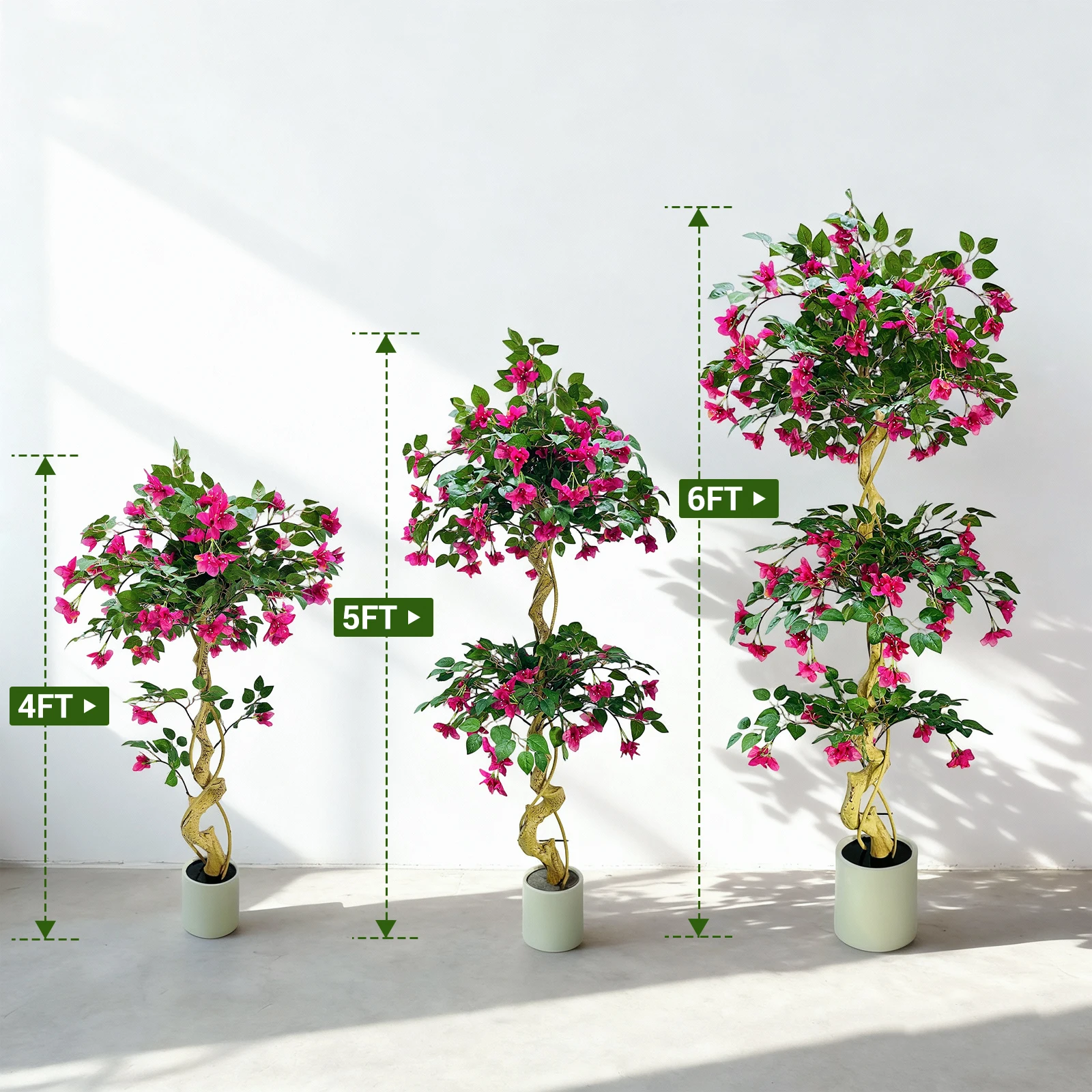 rq-Artificial Bougainvillea Tree Lifelike Silk Flower Plant with White Planter Faux Blooming Topiary for Indoor Outdoor Garden-