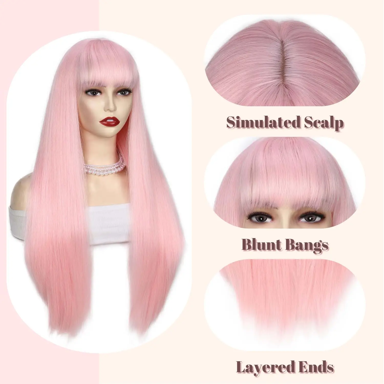 Synthetic Wig Sakura with Bangs Long Straight Wig for Women 26 Inch Hair with Layered Ends for Cosplay Halloween Party Daily Use