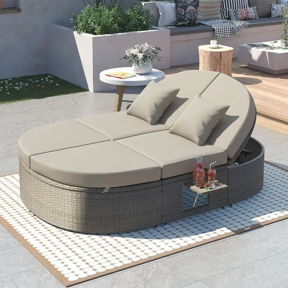 

Gray 2-Person Outdoor Daybed with Cushions, Pillows, Reclining Lounge, Adjustable Backrests, and Folding Cup Trays