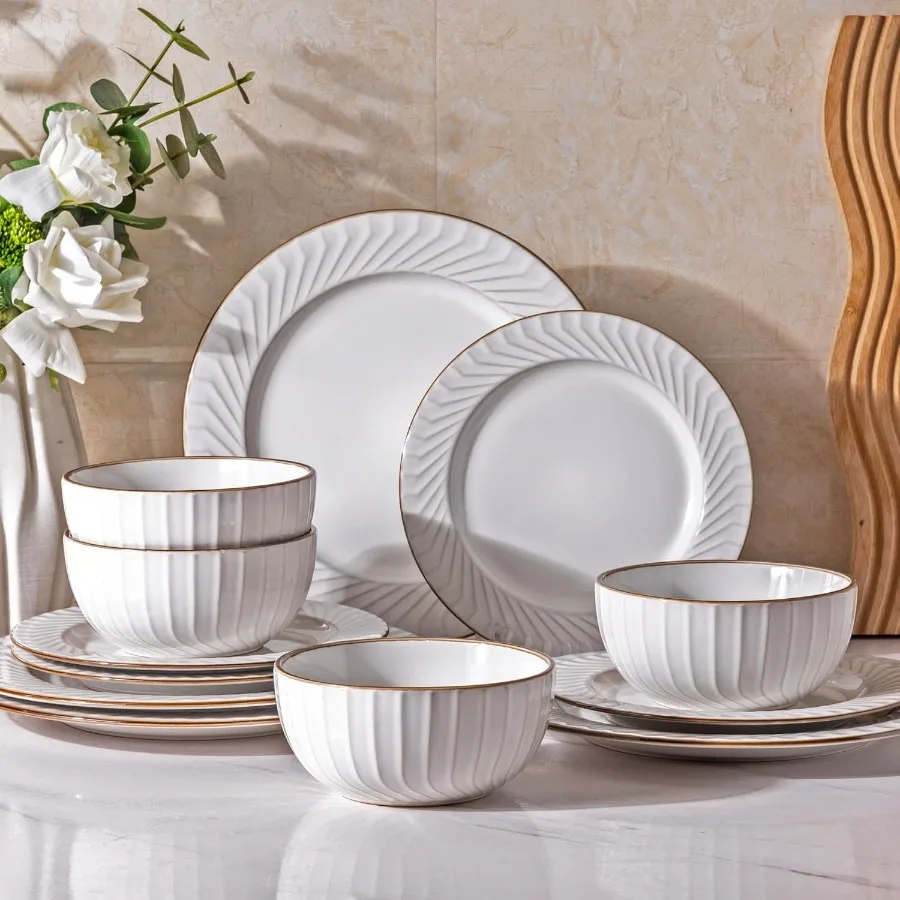 

Ceramic Dinnerware Sets12 pcs Embossed Elegant Stoneware Plates and Bowls Sets Housewarming Wedding Gift Dishwasher and Microwa