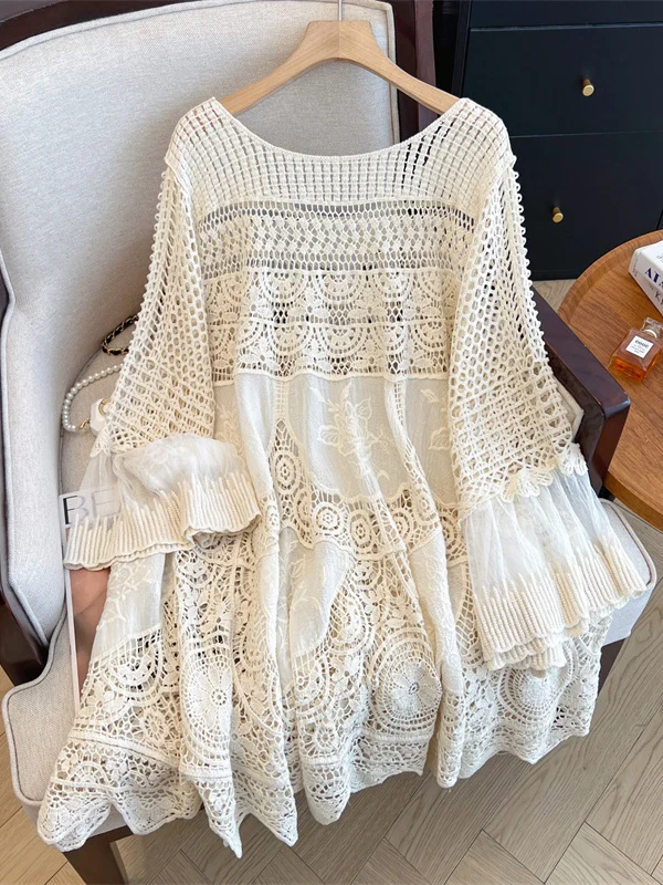 

N Sle Ретро Трикотажный круглый Ne Свободное кружево с вырезами Сращивание Nine Sve Dr Beach Dr Смесь хлопка и полиэстера