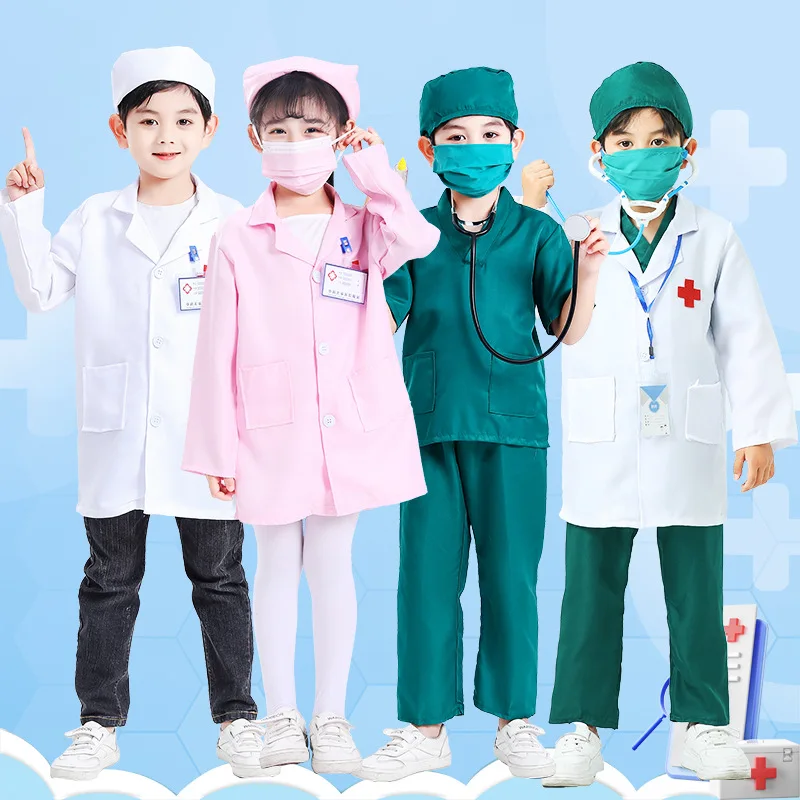 Kids Doctor Coat Boys Girls Nurse Uniform Set Surgeon Halloween Cosplay Costume Surgical Veterinary Lab Coats Gown Hat Set