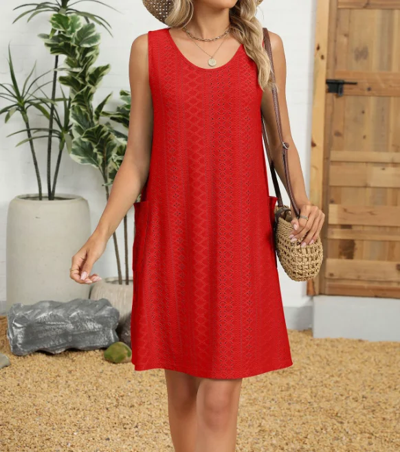 

Women's Lazy Casual Dress 2025 Spring Summer Latest New Solid Color Round Neck Loose Sleeveless Pocket Mini Dress Short Skirt