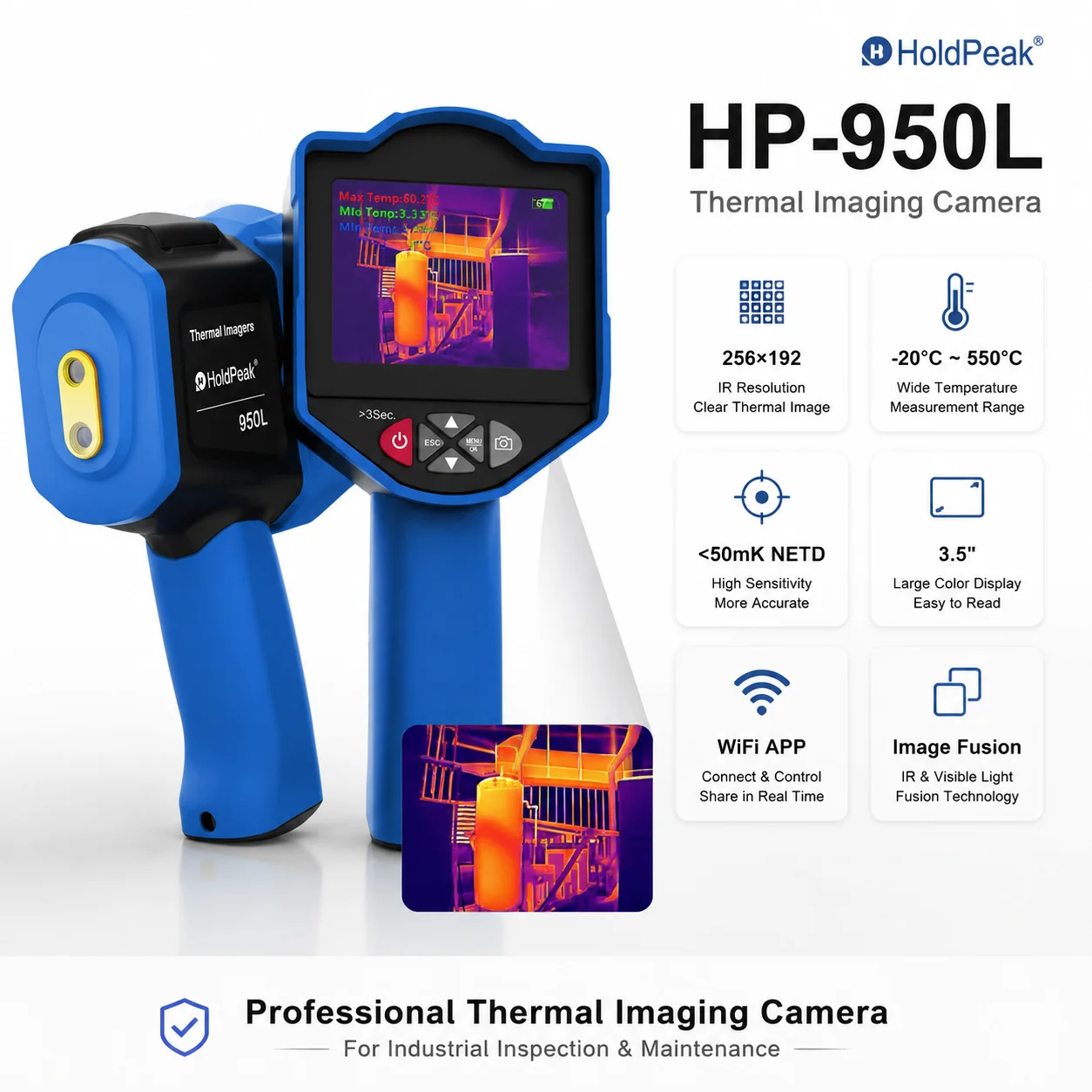 256x192 Thermal Imaging Camera 25Hz IR Camera WiFi 550°C 3.5'' IPS Thermal Imager for Electrical HVAC Building Inspection