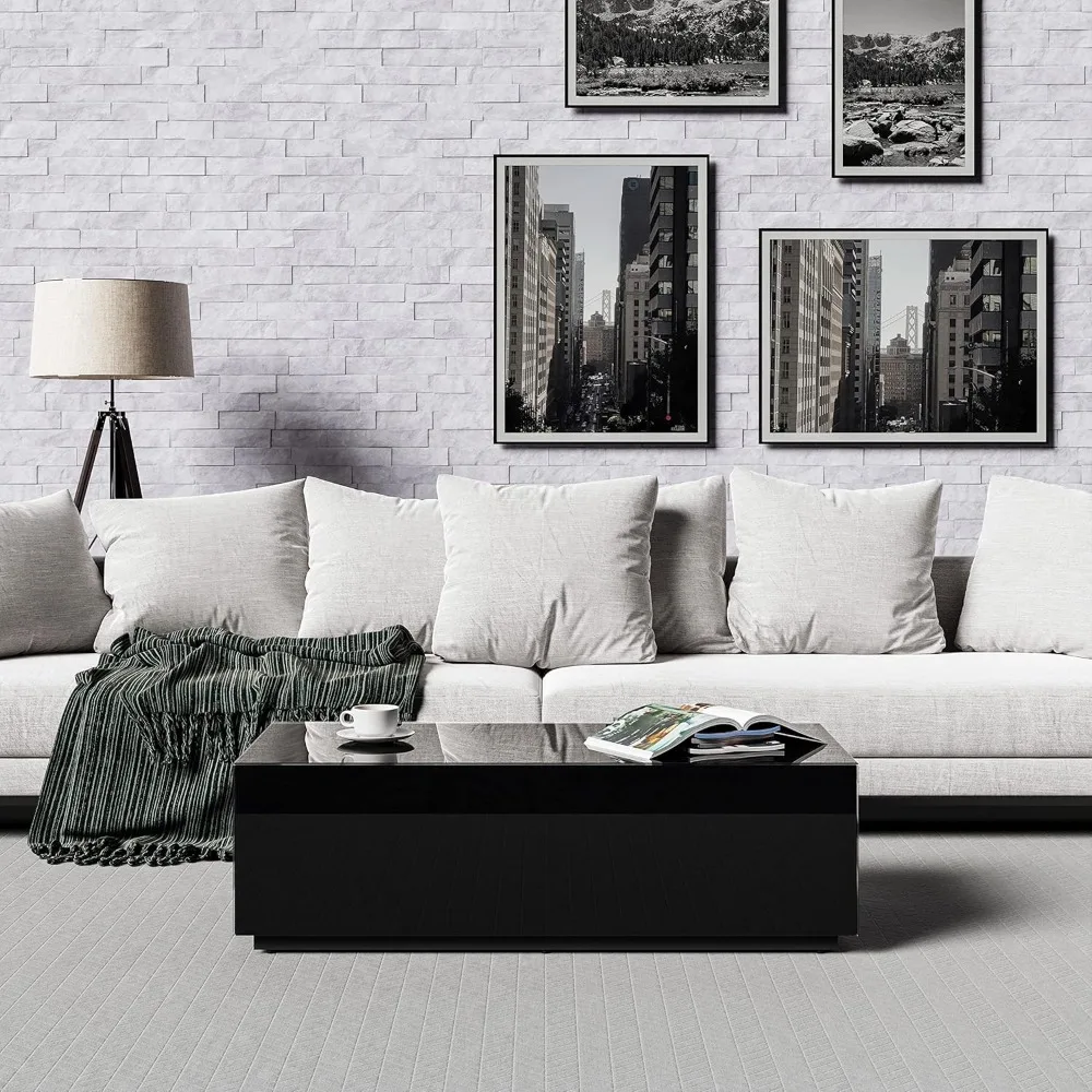 

Premium Tempered Glass Coffee Table - Modern Black Rectangular Coffee Tables for Living Room - High Gloss Fingerprint Resistant