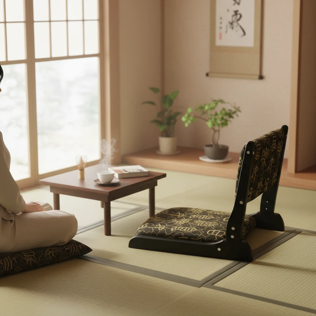 Zaisu Japanese Wooden Chair Folding Tatami Zen Room Chair Black