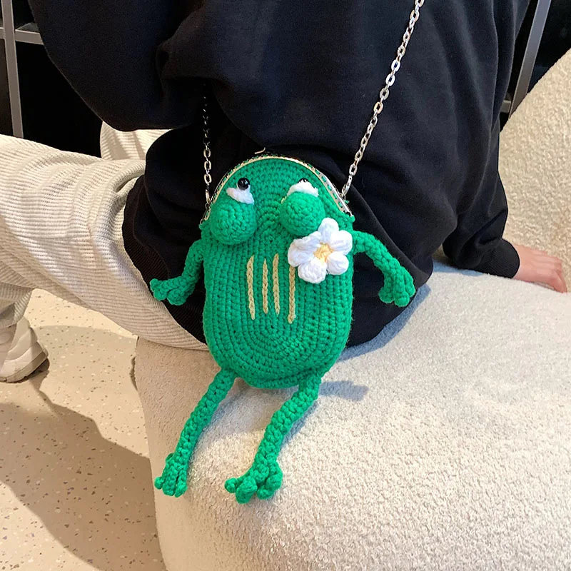 Cute Frog Shape Clip Bag Funny Cartoon Girl Mini Knitting Messenger Bag  Chain Single Shoulder Crossbody Bag For Women 2023