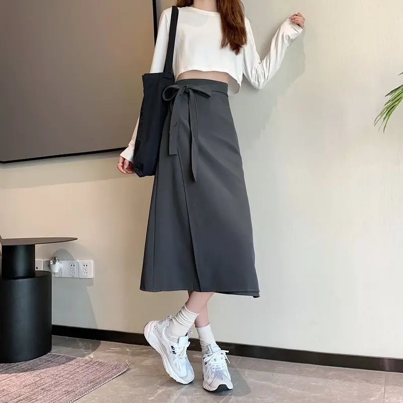 Modne nieregularne spódnice z kokardą Odzież damska Casual A-Line Solid Color Summer All-match High Waist Commute Midi Skirts