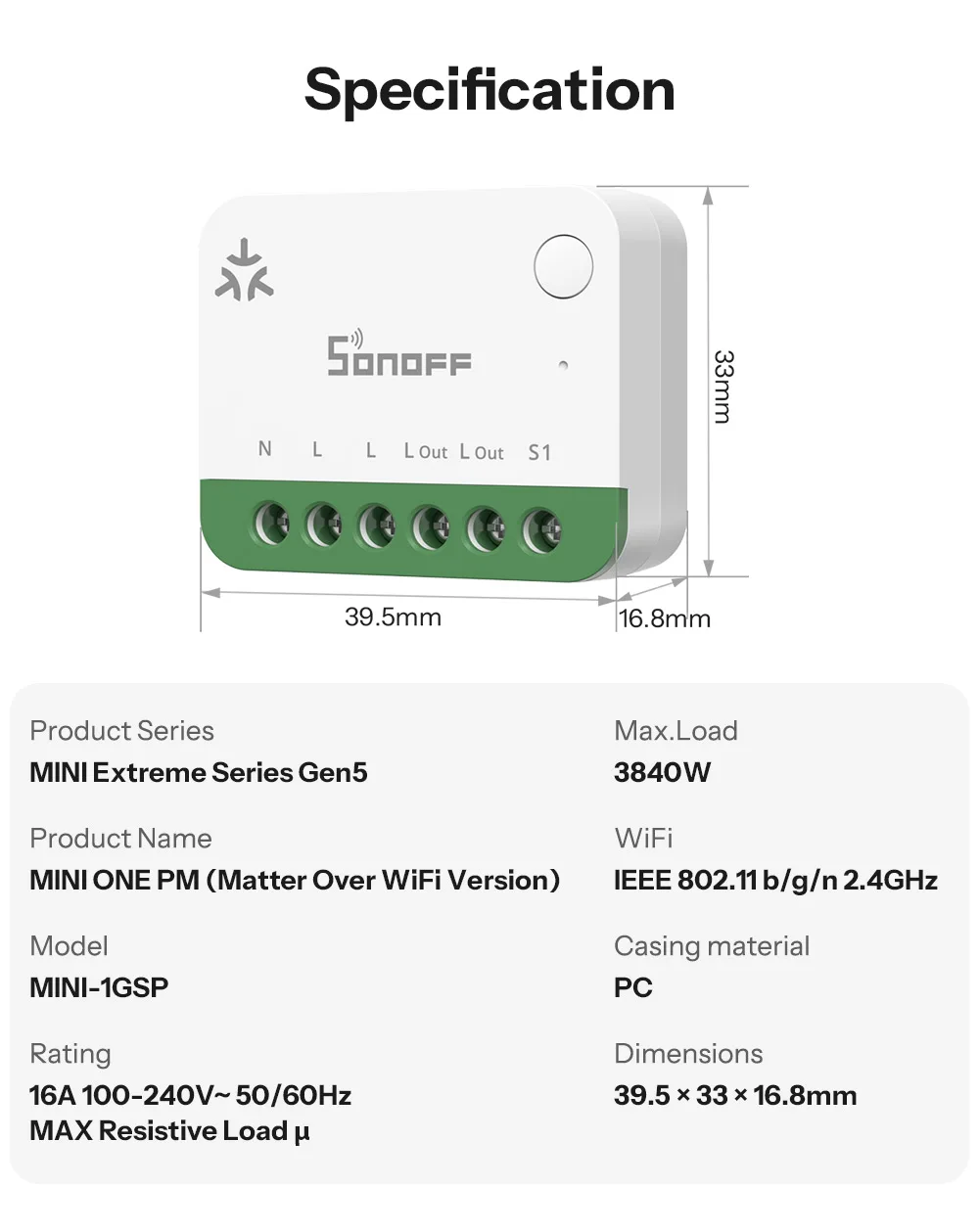 SONOFF MINI-1GSP MINI ONE PM Matter-Over-WiFi-Smart-Schalter, Überlastschutz 16A, Intelligente Energiemonitoring, Matter-Kompatibilität, Apple Home – Detail 18