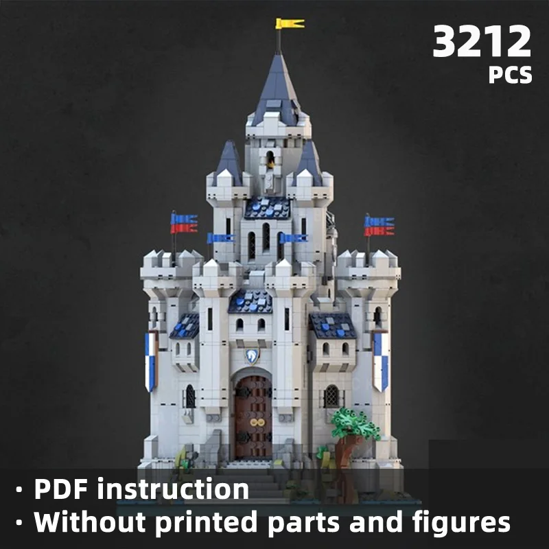 The grand structure of the multi-storey tower of the medieval noble style castle is precisely restored with building blocks