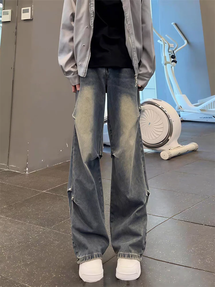 

American Sle Men's Flared Jeans Winter Faion High Waist Pleated Wide Leg Slim Straight Cut Resistant Wrinkle Free Vintage