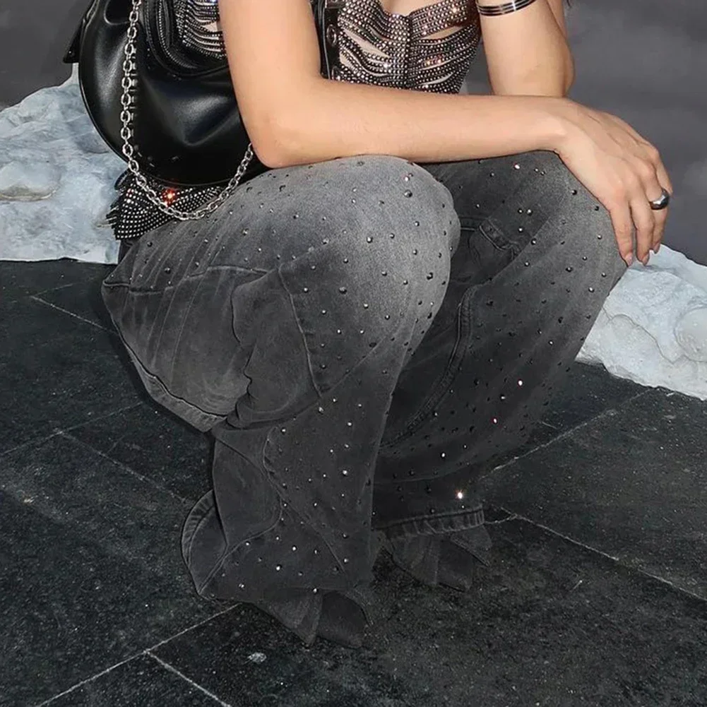 

For Casual Wear Casual Loose Pants Rhinestone Distressed Jeans Casual Outings Dark Grey Elastic Microelasticity