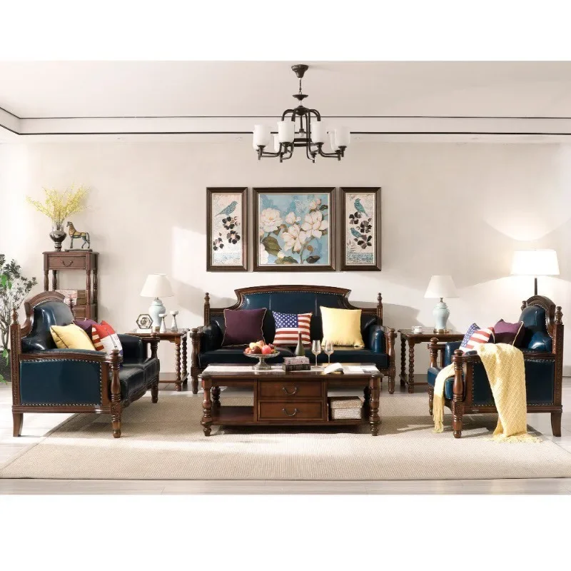 American solid wood sofa leather first layer cowhide sofa three-person simple beautiful country style living room retro furnitur